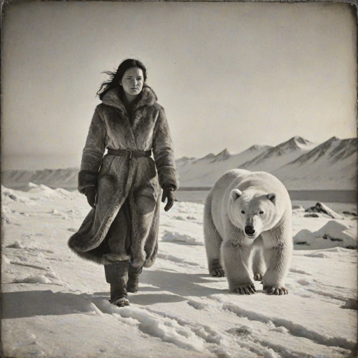 A very old photograph in black and white. The photo is badly damaged, faded, with scratches, tears, smudges and dirt. The photo is ultra-realistic and very detailed. It's a picture of an Arctic warrior. She is walking serenely towards the camera. At her side walks a majestic polar bear. Its fur shines in the sunlight. Snow, ice, sea. wind. snow in the air.