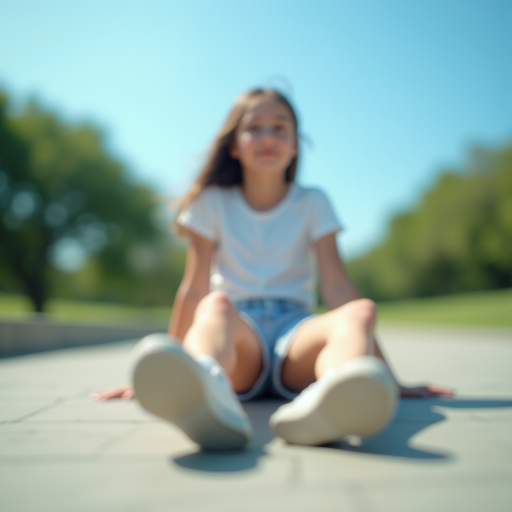 Generate an ultra-realistic, highly detailed, high-definition photograph. It's a photo of a girl sitting on the floor. She's looking at the horizon. The photo is taken from the bottom up, at ground level. The girl's sneakers are in the foreground, in the center of the scene. The girl is wearing light clothes, a t-shirt and short shorts. The sky is blue. Bright environment. The background is a blurred image of a park.