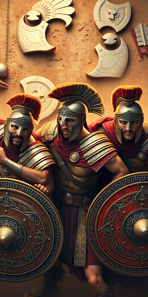 Create an image of three ancient Greek warriors in a dynamic pose, with intricate armor and detailed shields, using a DSLR camera at f/2.8, ISO 100, 50mm lens, top-down view, shot in vibrant colors with high contrast.