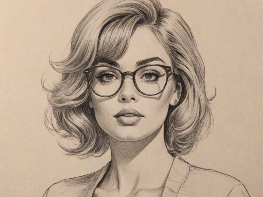 Resplendent DaniLeigh, pencil sketch, portrait of Beauteous woman 1965s in glasses, hair style beatnik, outline, clear lines, fine lines, 8k