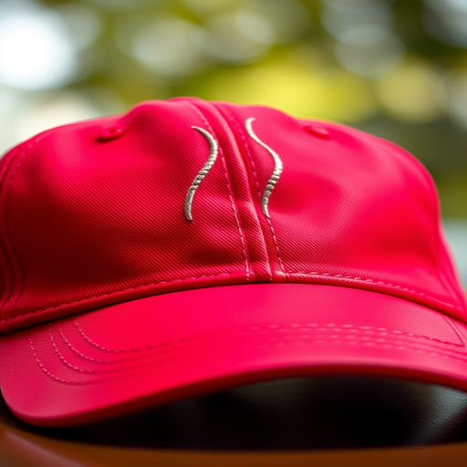 create an image of a vibrant red baseball cap with detailed stitching and a glossy finish, using a DSLR camera with an aperture of f/1.8, shutter speed of 1/200 sec, ISO 100, taken from a slightly elevated angle, with a blurred background to emphasize the cap, in natural lighting