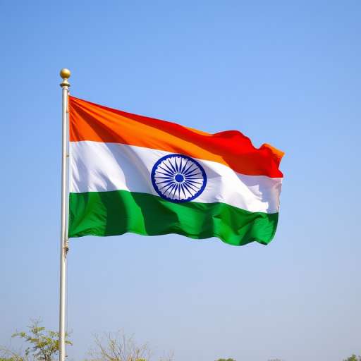 Create a high-resolution image of the Indian flag with vibrant colors, using a DSLR camera at f/8 aperture, ISO 100, 1/200 sec shutter speed, with a landscape orientation and natural lighting to enhance image quality.