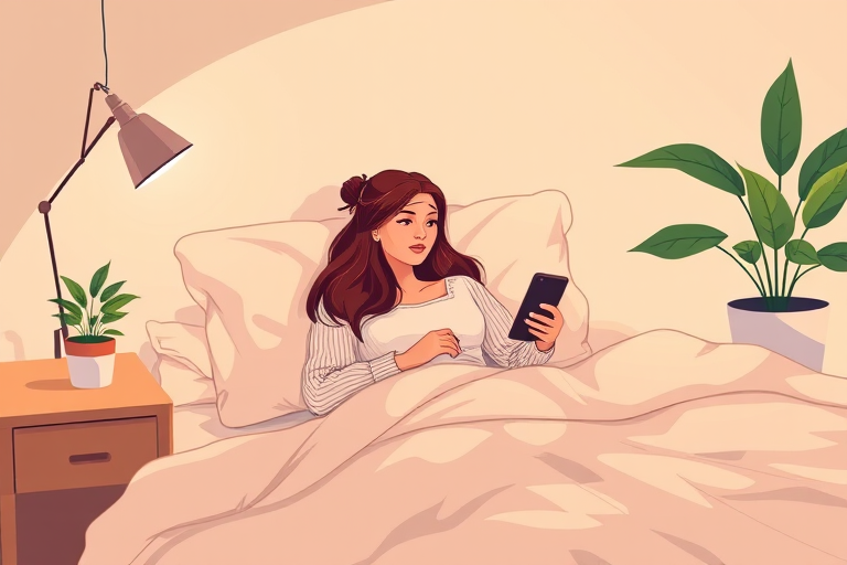 Create an illustration of a woman sitting comfortably in bed, holding a smartphone, with a green plant on her bedside table, in a cozy and inviting style, using a soft color palette, shot with a Canon EOS R5, 50mm lens, f/1.8 aperture, at a 45-degree angle to emphasize the warmth of the scene.