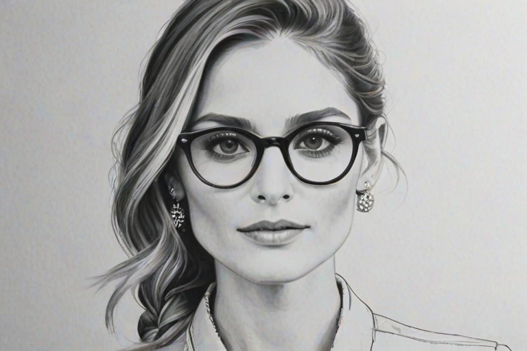 Charming Olivia Palermo, pencil sketch, portrait of Gorgeous woman 1927s in glasses, hair style beatnik, outline, clear lines, fine lines, 8k