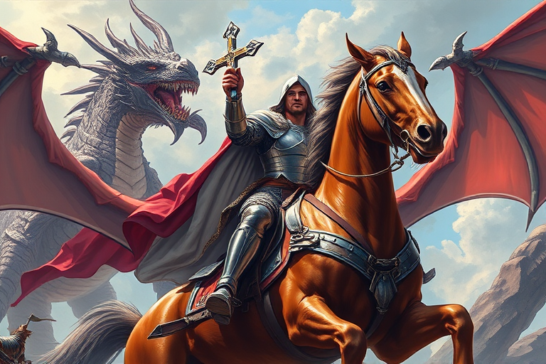 Create a highly detailed illustration of a heroic figure on horseback, wearing armor and holding a cross, poised against a dragon, captured with a DSLR camera, focal length 50mm, aperture f/2.8, ISO 100, in a dynamic angle that emphasizes movement and action, using a vibrant color palette and high contrast to enhance clarity and depth.