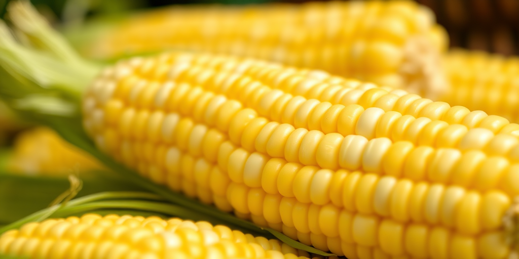 macro shot of fresh corn on the cob with green husks, shallow depth of field, f/2.8 aperture, 50mm lens, ISO 100, natural lighting, vibrant colors, focused on texture and details