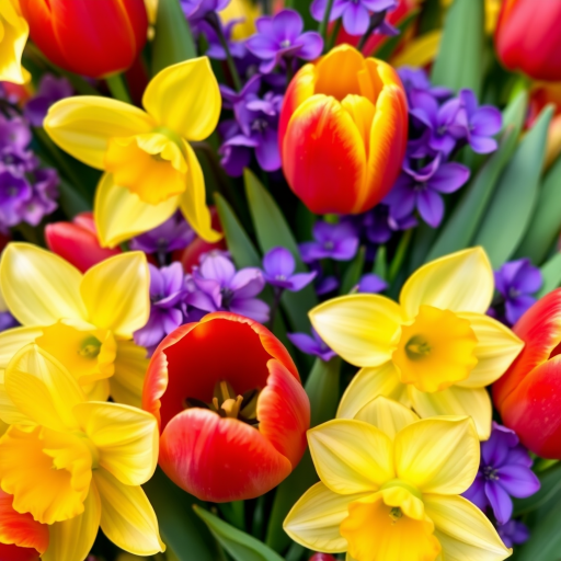 Create a vibrant floral pattern with yellow daffodils, red tulips, and purple flowers, captured using a DSLR camera with a 50mm lens, f/1.8 aperture, ISO 100, in natural light, with a close-up view to emphasize colors and details.