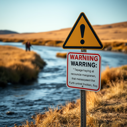 capture a serene landscape featuring a warning sign near a river with two people fishing, golden grass in the background, soft natural lighting, taken with a Canon EOS R5, 24mm lens, f/8 aperture, ISO 100, 1/125 sec exposure, wide-angle view for depth and clarity