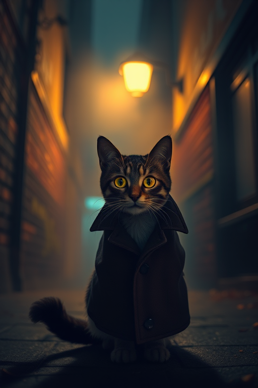 Create a whimsical, darkly lit urban scene featuring a cat with large glowing eyes, wearing a coat, standing under a lamplight in a foggy alleyway at night, use a Canon EOS R5 with a 50mm f/1.2 lens, aperture set to f/1.2, shutter speed 1/60s, ISO 800, and a cinematic perspective, focusing on vibrant colors and textures for a magical atmosphere.