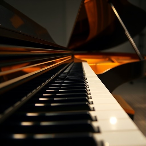 Create a high-resolution image of a grand piano viewed from a slight angle, with soft, diffused lighting to enhance the glossy finish of the keys and polished wood, using a Canon EOS R5, aperture f/2.8, shutter speed 1/60s, ISO 200, in a studio setting.