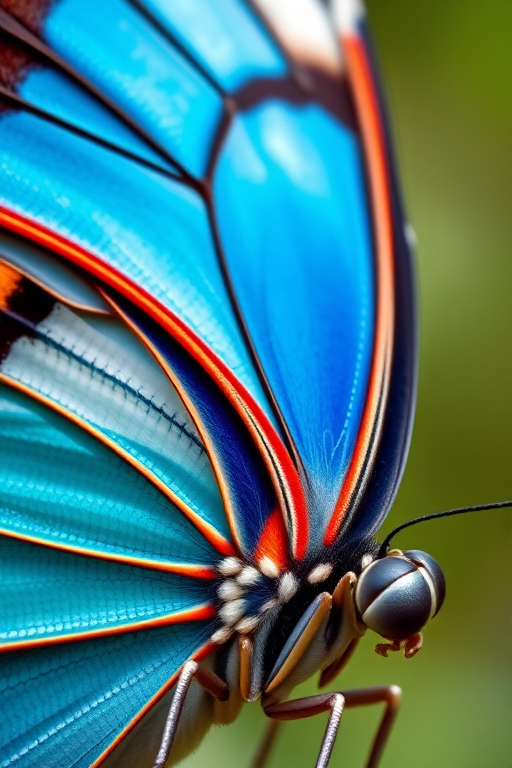A detailed close-up of a Morpho butterfly with vibrant colors and intricate patterns, captured in soft natural light, using a macro lens at f/2.8, 1/200 sec, ISO 100, with a focus on the butterfly's wings to enhance detail and texture.