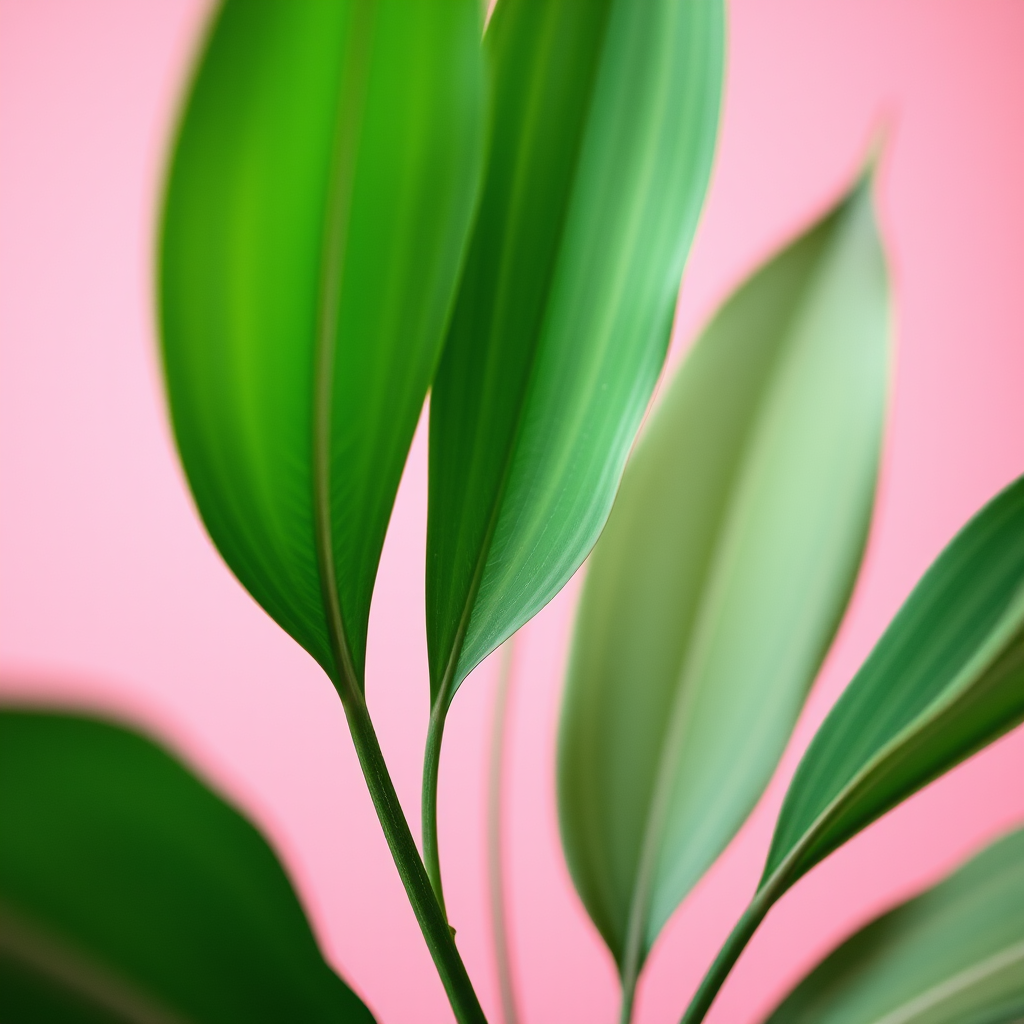 Create an abstract botanical illustration featuring elongated leaves in a soft pink background, captured with a DSLR camera at f/4 aperture, 50mm lens, ISO 200, shot from a high angle view with a shallow depth of field to enhance details and colors.