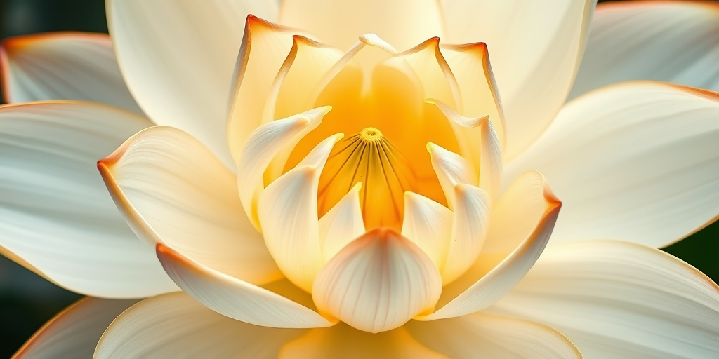 create a high-resolution image of a lotus flower with soft white petals and golden outlines, using a macro lens, f/2.8 aperture, ISO 100, shot from a top-down view in natural light, capturing fine details and vibrant colors