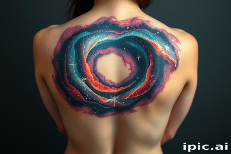 Ethereal body tattoo showcasing a cosmic galaxy swirling across the shoulder blades, rendered in vivid nebula-inspired hues with sparkling white ink stars