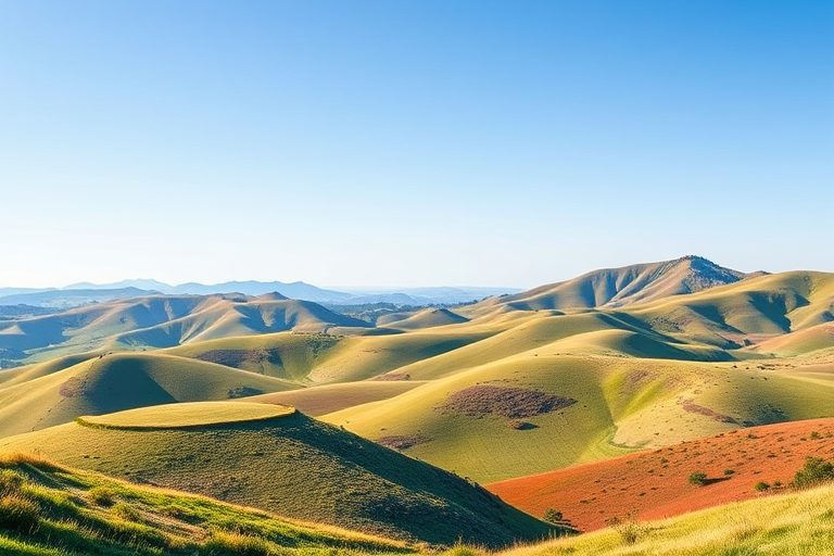 Generate a high-quality illustration of a serene landscape with rolling hills and a clear blue sky, using a Canon EOS R5 with a 24-70mm f/2.8 lens, aperture set to f/8, ISO 100, shot in landscape orientation, capturing vibrant colors and fine details.