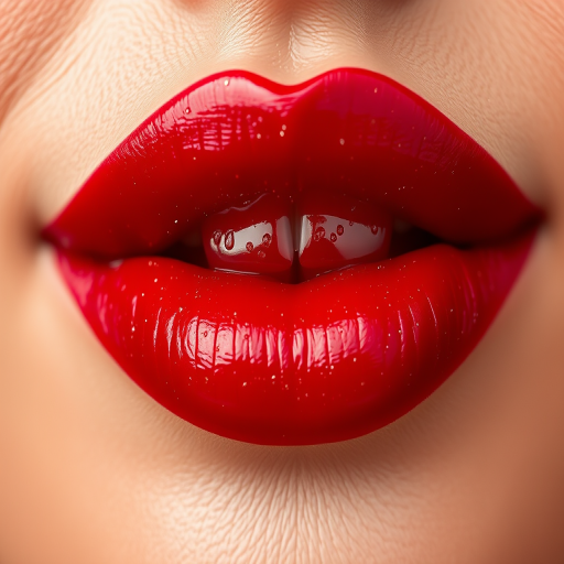 Luscious crimson pout adorned with delicate golden flecks, glossy finish catching the light, plump and voluptuous shape framed by smooth skin, vibrant and alluring Ruby Starlight lips