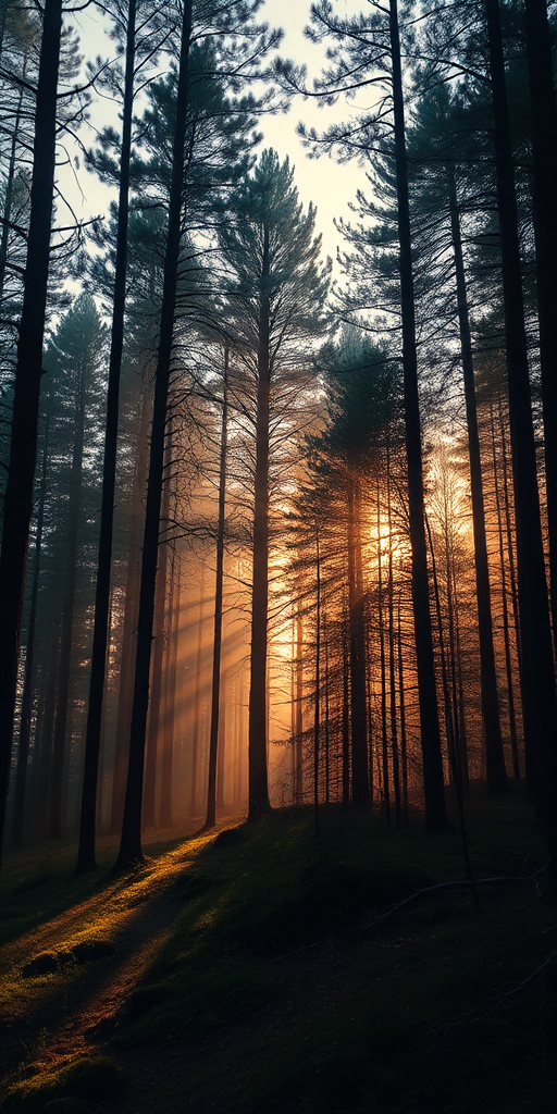 Generate a high-resolution digital illustration of a tranquil forest scene during sunrise with soft light filtering through the trees, using a Canon EOS R5 camera at f/2.8 aperture, ISO 100, 24mm focal length, shot in RAW format to enhance image quality.
