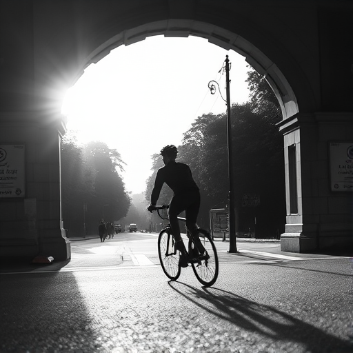 regenerate the image of a cyclist riding under an archway, captured in black and white, using a DSLR camera, 50mm lens, aperture f/1.8, shutter speed 1/250s, ISO 200, with a shallow depth of field to highlight the subject and soft background, during late afternoon for optimal lighting and contrast