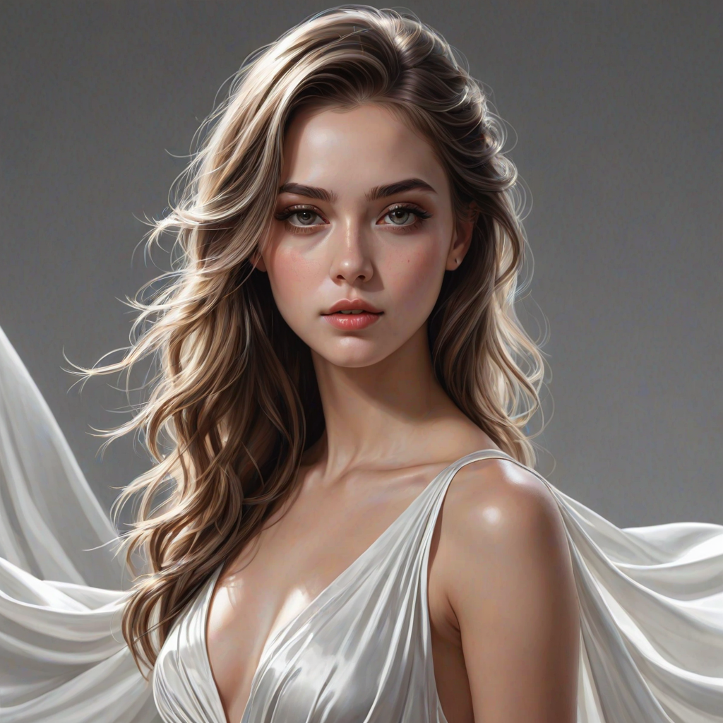 digital painting,  digital illustration,  stunning girl, make up , white silk dress extreme detail,  digital art,  4k,  ultra hd