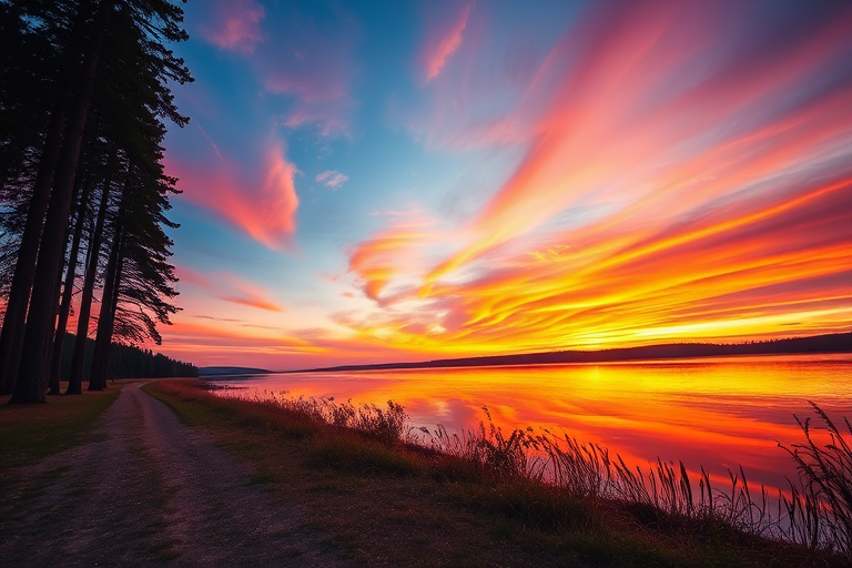 Create a highly detailed image of a serene landscape at sunset, showcasing vibrant colors in the sky reflecting on a calm lake, with tall trees on one side, using a DSLR camera at f/8 aperture, ISO 100, 1/125 sec shutter speed, shot from a low angle for a dramatic perspective.