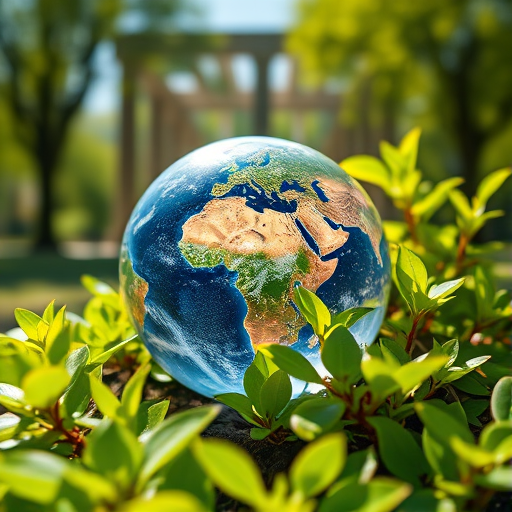 A crystal globe of Earth surrounded by vibrant green leaves in a sunny park setting, captured with a Canon EOS R5, 50mm lens, f/1.8 aperture, ISO 100, soft focus background, high dynamic range for enhanced colors and details.