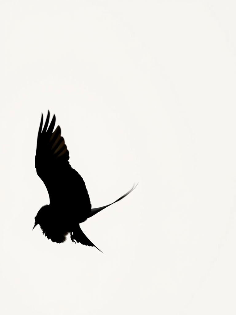 Create a high-resolution image of a minimalist black silhouette of a bird in flight against a white background, captured with a Canon EOS R5 camera at f/4 aperture, ISO 100, shutter speed 1/500s, 85mm lens, slight top-down view with soft natural lighting.