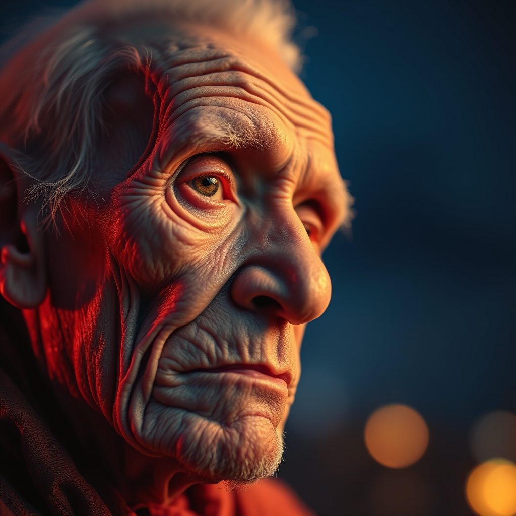 create a close-up perspective view fine art photography contemporary style of an elderly worn albino’s face with a soft, candid expression on a blurred sky black light background.Showcasing a modern style characterized by vibrant blacklight tones, using dramatic lighting and soft gradients to create a fine art atmosphere. The focus is on the light and facial features. motion light blur, neon backlit