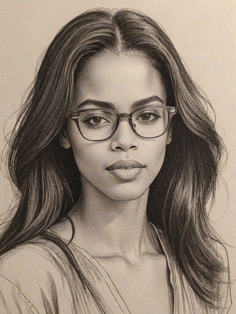 Beauteous Aaliyah, pencil sketch, portrait of Fetching woman 1980s in glasses, hair style beatnik, outline, clear lines, fine lines, 8k
