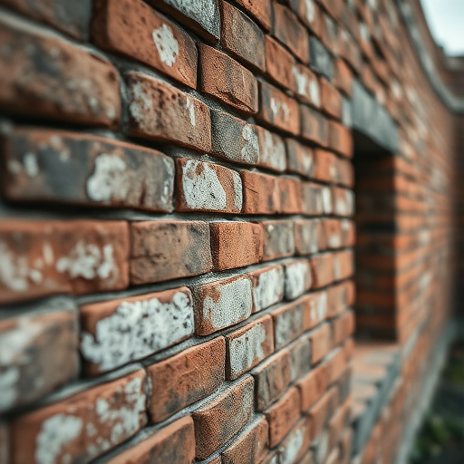 Regenerate the image of a weathered brick wall or ruin with high detail, captured at f/8 aperture, ISO 100, 1/250 sec shutter speed, in a 35mm lens, using a DSLR camera with a shallow depth of field from a slightly low angle view to emphasize texture and structure against a blurred background.