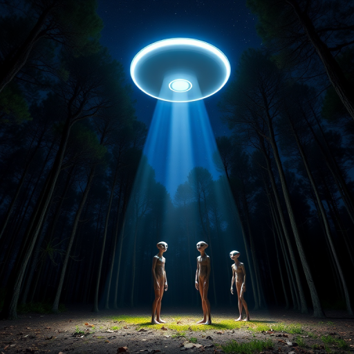 A brightly lit UFO hovering above a group of slender aliens in a forest at night, with beams of light illuminating the ground, high dynamic range photography, ISO 100, f/8, 30 seconds exposure, wide-angle lens, DSLR camera, starry sky background.