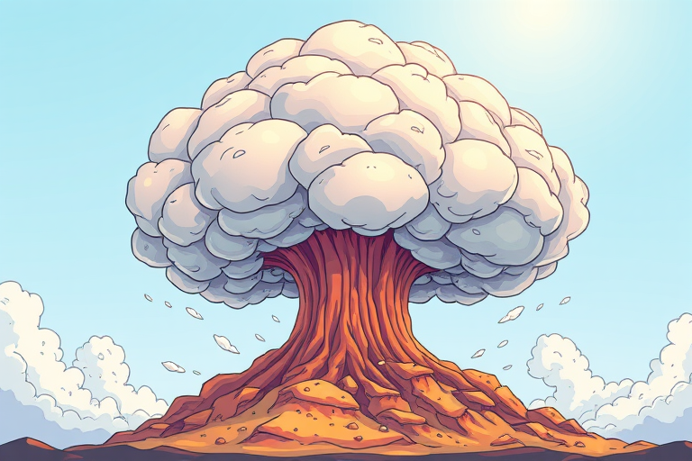 Create a high-resolution illustration of a cartoonish mushroom cloud, using a digital drawing style with vibrant colors, set in a bright, clear atmosphere, captured from an eye-level perspective with a focus on sharp details, using a virtual camera with a 35mm lens and a depth of field setting to enhance background blur.