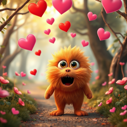 A fluffy orange creature with large eyes and a wide open mouth stands on a path in a whimsical forest, bright pink and red hearts float through the air, the creature has a surprised expression, the light is warm and soft, photorealistic, digital art, 3D style