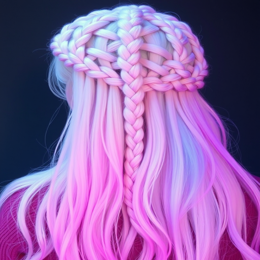 Icy platinum blonde braided crown transforms into a cascading waterfall of pastel pink, blue, and purple hues, resembling a magical aurora borealis in hair form.