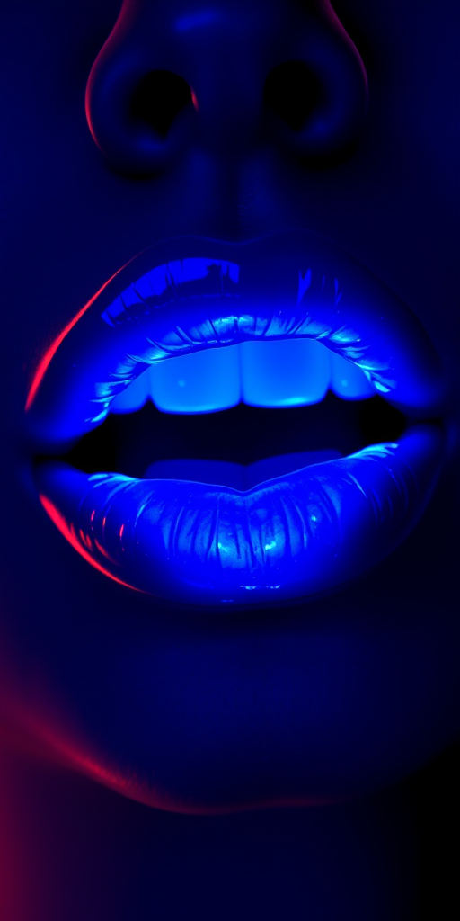 Vibrant neon lips glowing in electric blue with a glossy finish, emitting an otherworldly radiance that captivates and mesmerizes