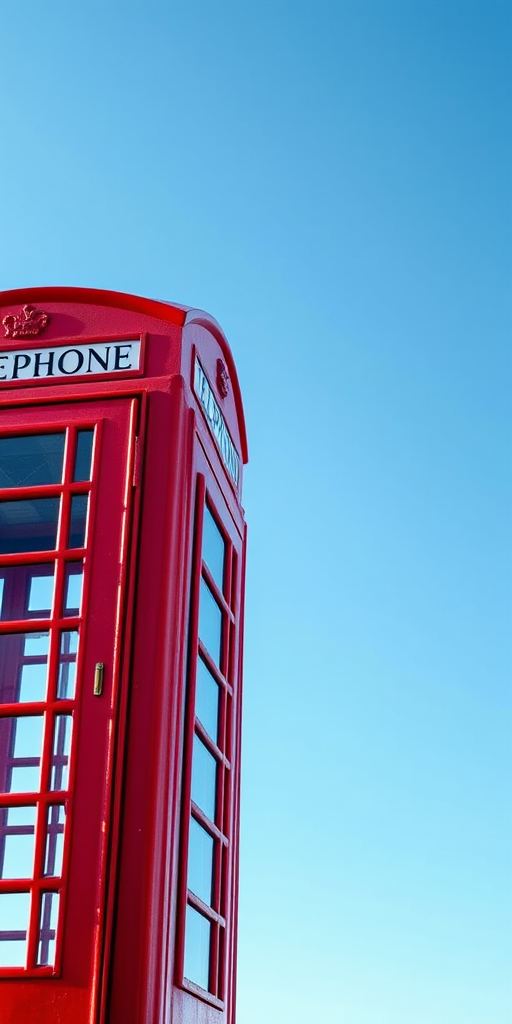 Create a high-resolution image of a classic red British telephone booth standing alone against a clear blue sky, shot with a Canon EOS R5 at f/8 aperture, 1/250 sec shutter speed, ISO 100, using a wide-angle lens from a low angle perspective to emphasize its height and detail.