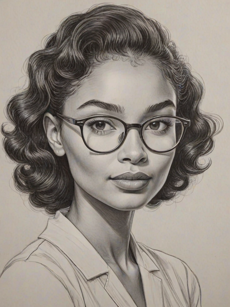 Graceful Yara Shahidi, pencil sketch, portrait of Charming woman 1950s in glasses, hair style beatnik, outline, clear lines, fine lines, 8k