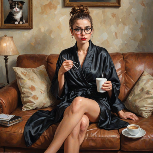 The words ‘Professional Overthinker’ (exact spelling) An exaggerated whimsical illustration of a cute silly lady with unruly messy brown bun and black glasses pouty lips and a thinking expression. Shes sitting on the couch, legs folded wearing a black silk robe, black fuzzy slippers. She’s holding her coffee cup and making a deep-in-thought face.  A quirky scruffy cat (dog) looking at her against a mottled, oil painting style soft background living room setting.