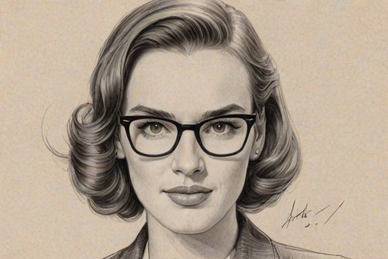 Resplendent Elizabeth Henstridge, pencil sketch, portrait of Dazzling woman 1953s in glasses, hair style beatnik, outline, clear lines, fine lines, 8k