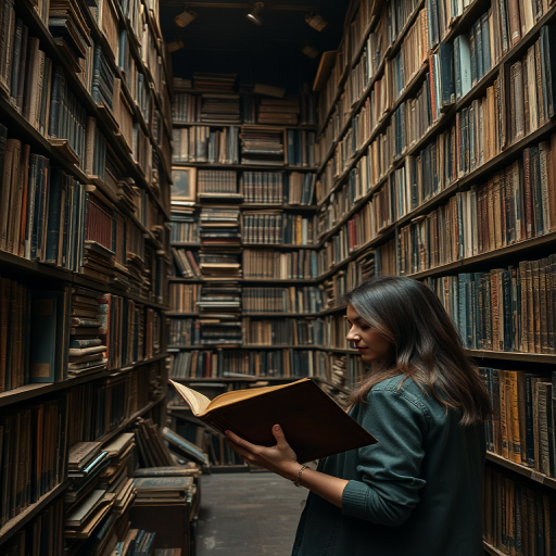 Old bookstore filled with towering shelves, the scent of aged paper in the air, a woman browsing through a dusty leather-bound book in a quiet corner.