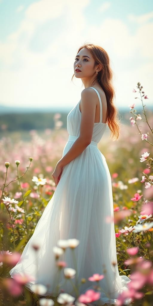 a serene woman in a flowing white dress standing among blooming flowers in a dreamy landscape, soft focus, ISO 100, f/1.8, 1/250s, portrait view, DSLR, natural light, high dynamic range