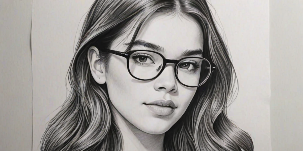 Attractive Hailee Steinfeld, pencil sketch, portrait of Enticing woman 1970s in glasses, hair style beatnik, outline, clear lines, fine lines, 8k
