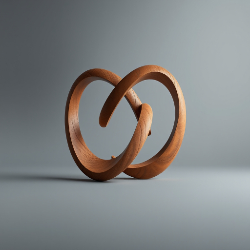 Create a hyper-realistic rendering of a wooden infinity sculpture, studio lighting, shallow depth of field, 50mm lens, f/2.8, ISO 100, with a soft gray background to enhance contrast and clarity.
