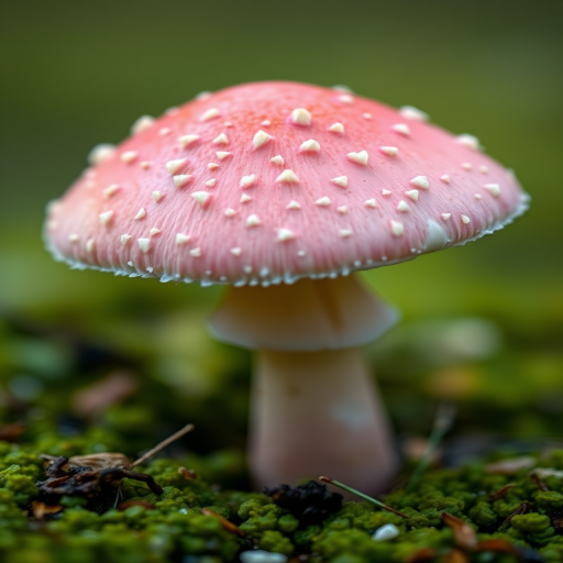 capture a close-up of a pink mushroom on a blurred green background using a Canon EOS R5 with a 100mm f/2.8 macro lens at f/2.8, ISO 200, 1/200s, focus on the mushroom details with a soft bokeh effect