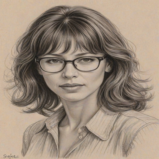 Beauteous Sophie Marceau, pencil sketch, portrait of Splendid woman 1941s in glasses, hair style beatnik, outline, clear lines, fine lines, 8k