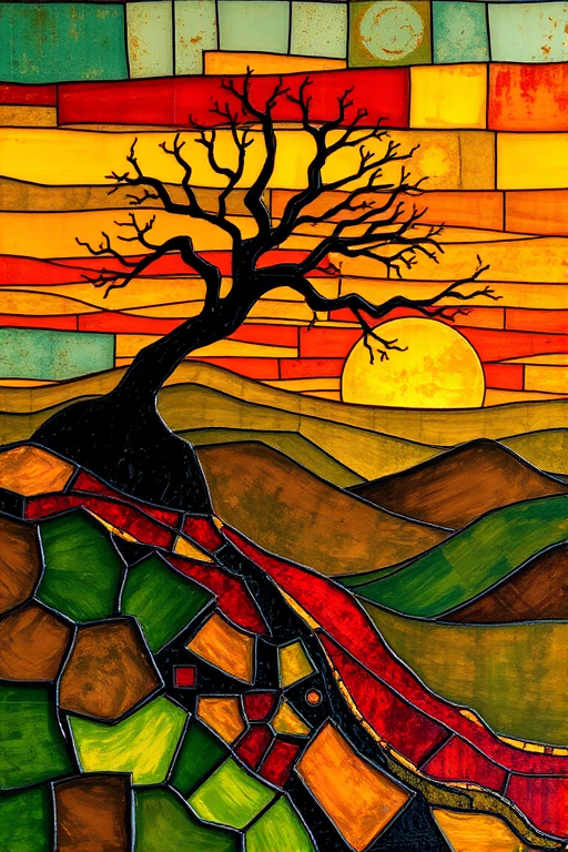 A vibrant abstract painting on Tiffany Glass, blending acrylic and alcohol ink techniques, captures a dramatic sunset over rolling hills. The artwork features a textured, rocky foreground in green and brown, layered abstract hills, and a striking sunset in rich oranges, yellows, and reds. A solitary black tree with intricate branches contrasts against the fiery sky, creating a dynamic and expressive portrayal of a breathtaking natural scene.