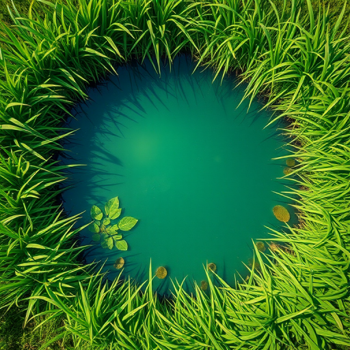 Create a vibrant digital illustration of a pond surrounded by lush green grass, captured with a Canon EOS 5D Mark IV, using a 50mm f/1.8 lens, aperture set to f/4 for depth of field, ISO 200, natural lighting, top-down view, to enhance clarity and color saturation.