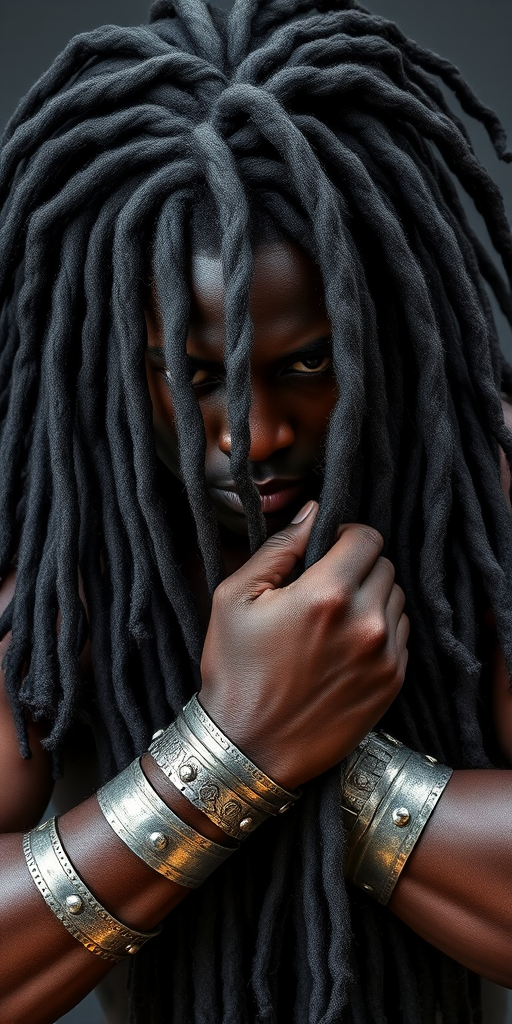 Luxurious charcoal gray dreadlocks adorned with silver cuffs and rings, exuding strength and cultural pride, known as "Obsidian Warrior"