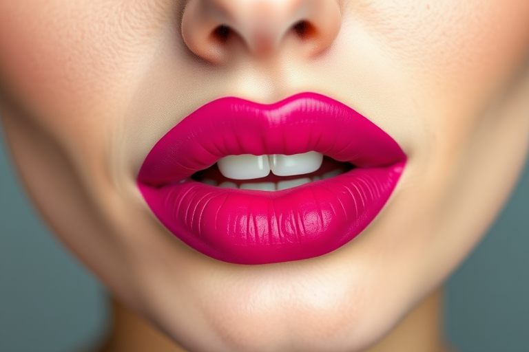 Vibrant fuchsia matte lipstick adorns full, pouty lips, creating a bold statement against pale skin, emphasizing the natural contours and subtle vertical lines