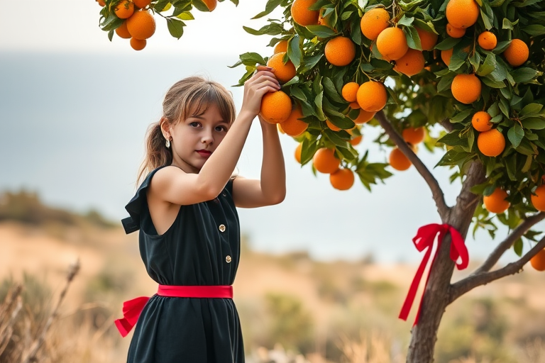 A young girl picking oranges from a tree, dressed in a vintage black and red outfit, standing in an idyllic landscape with a sea view in the background, soft focus, natural lighting, shot with a Canon EOS R5, 50mm f/1.8 lens, aperture set to f/2.8, ISO 100, shallow depth of field.