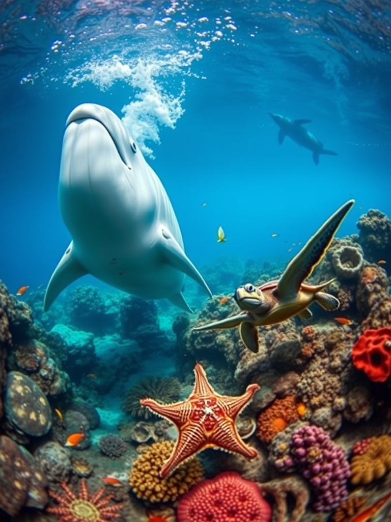 Underwater scene featuring a whale, manta ray, turtle, and starfish, vibrant coral reef, bright colors, wide-angle lens, f/8 aperture, ISO 200, 1/250s shutter speed, shot with a DSLR camera, capturing a lively marine ecosystem.